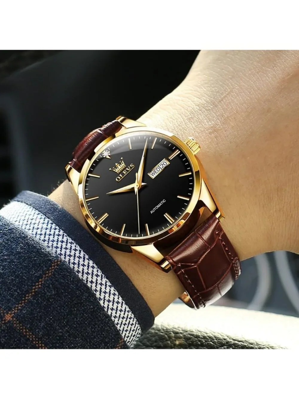 Men's Brown strap/Black Dial Luxury Leather Band Mechanical Classic Wrist Watch